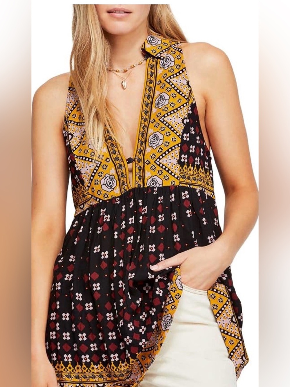 Free People Charlotte Boho Print Sleeveless V-Neck Tunic Top